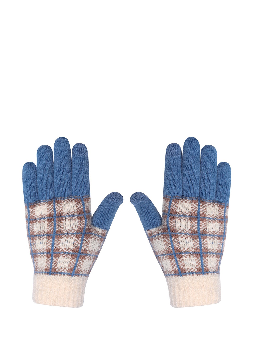 

LOOM LEGACY Women Winter Acrylic Woolen Checkered Knitted Hand Gloves, Blue