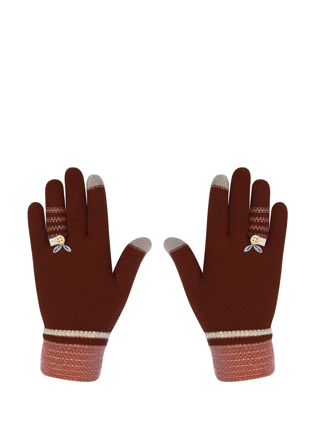 

LOOM LEGACY Women Winter Acrylic Woolen Striped Hand Gloves, Brown