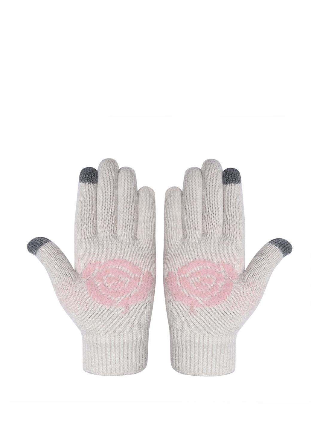 

LOOM LEGACY Women Winter Acrylic Woolen Printed Hand Gloves, Cream