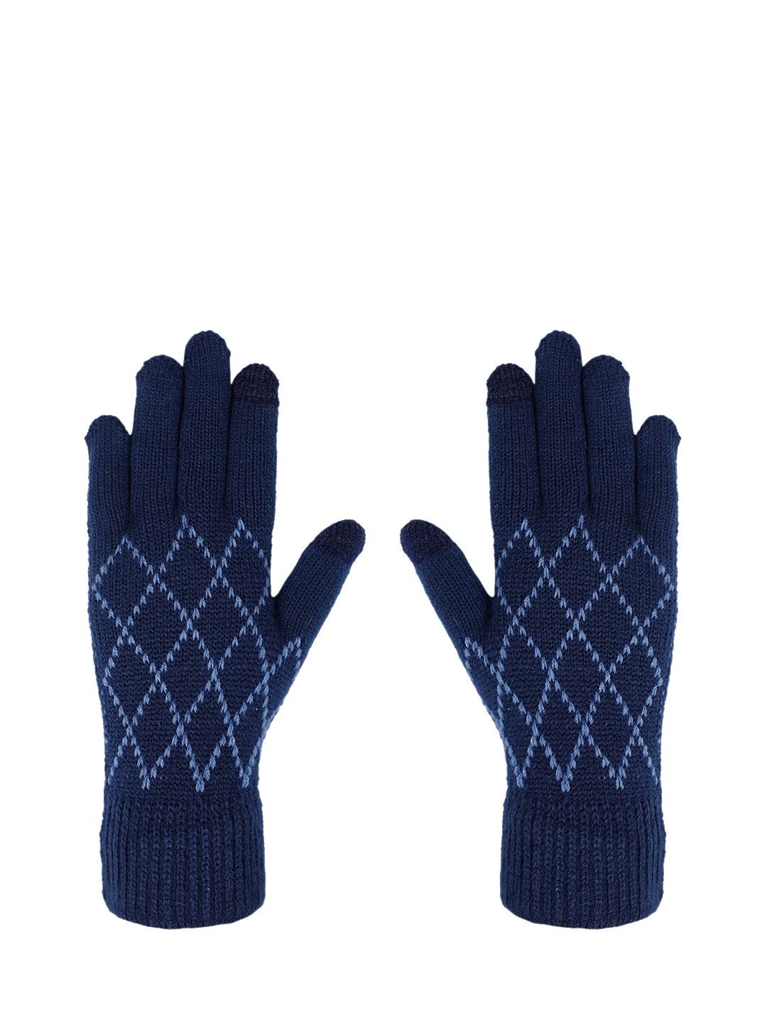 

LOOM LEGACY Women Winter Acrylic Woolen Geometric Print Hand Gloves, Navy blue