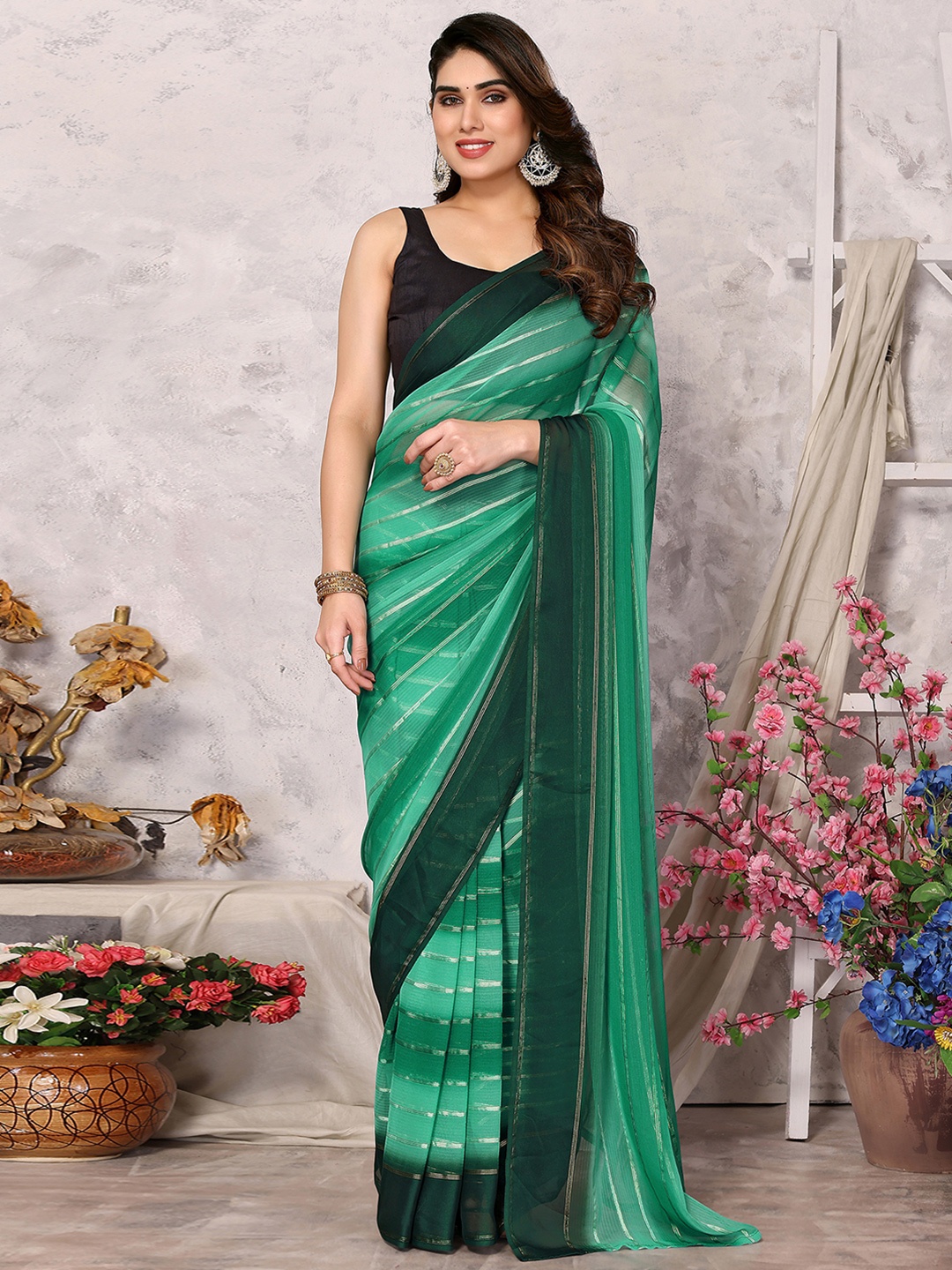 

Satrani Striped Poly Georgette Ready to Wear Saree, Green