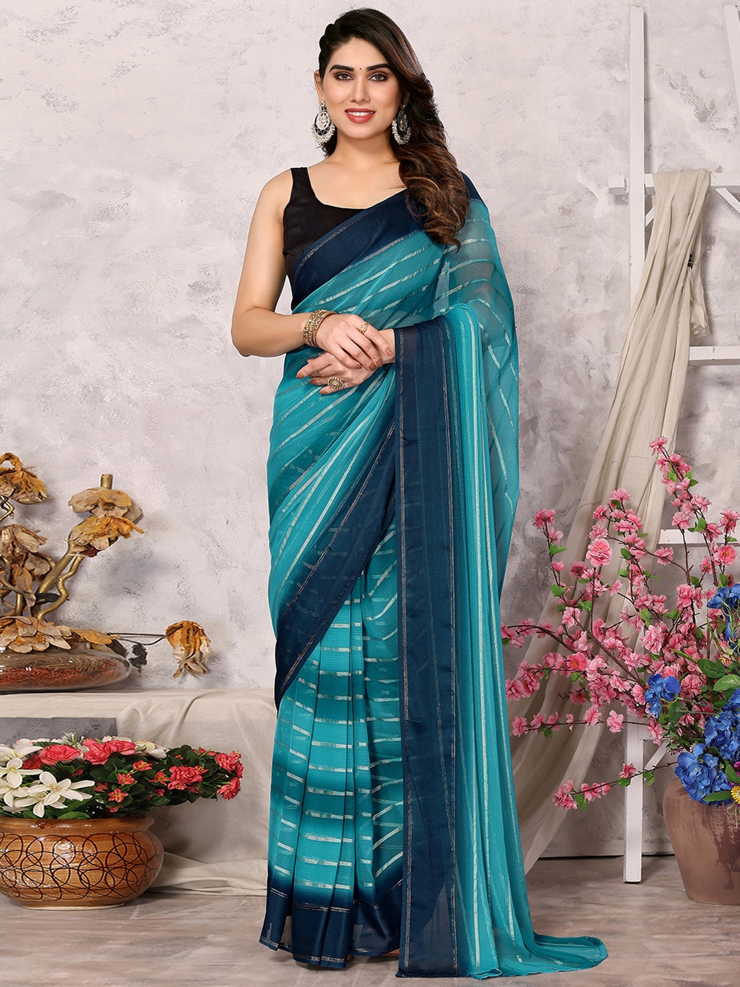 

Satrani Striped Poly Georgette Ready To Wear Saree, Teal