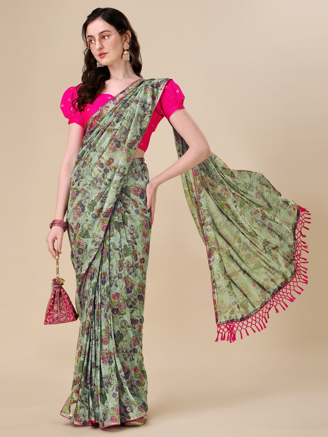 

KALINI Floral Printed Saree, Green