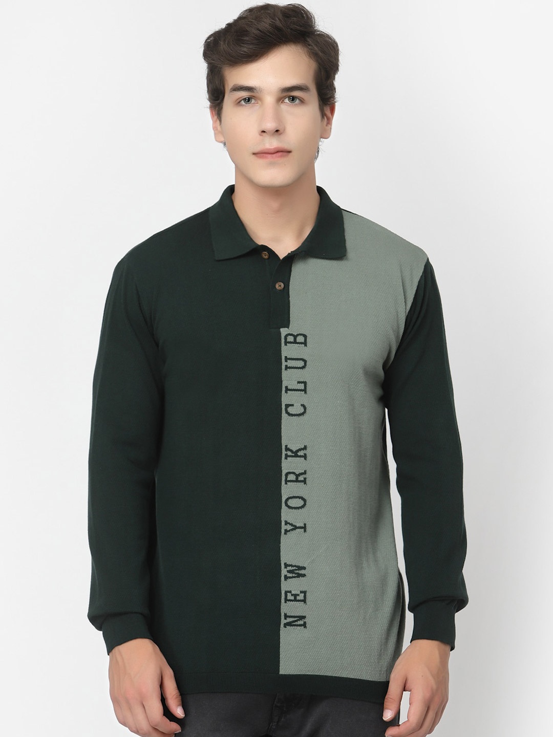 

Kalt Colourblocked Polo Collar Cotton Casual T-shirt, Green