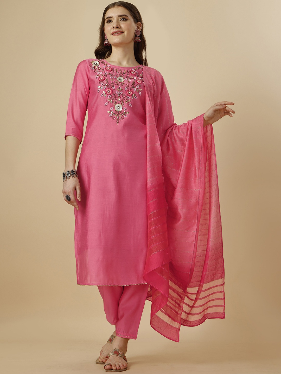 

KALINI Floral Yoke Design Beads and Stones Chanderi Cotton Kurta with Trousers & Dupatta, Pink