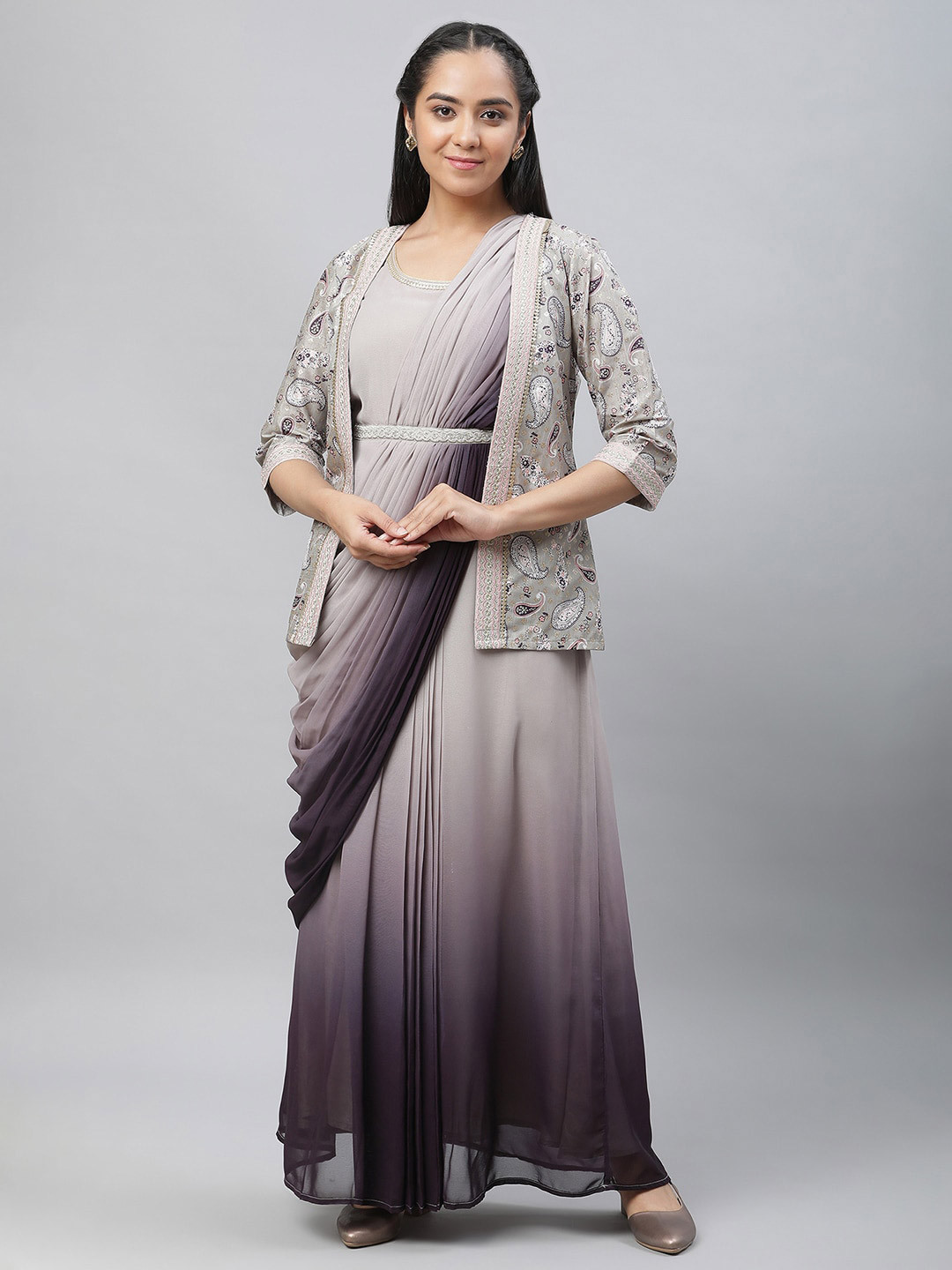 

AURELIA Tie and Dye Maxi Fit and Flare Ethnic Dress With Jacket, Grey