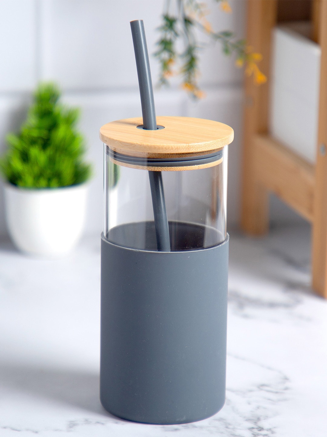 

Anko 3 Pcs Black & Transparent Solid Glass Tumbler with Straw and Lid - 600 ML