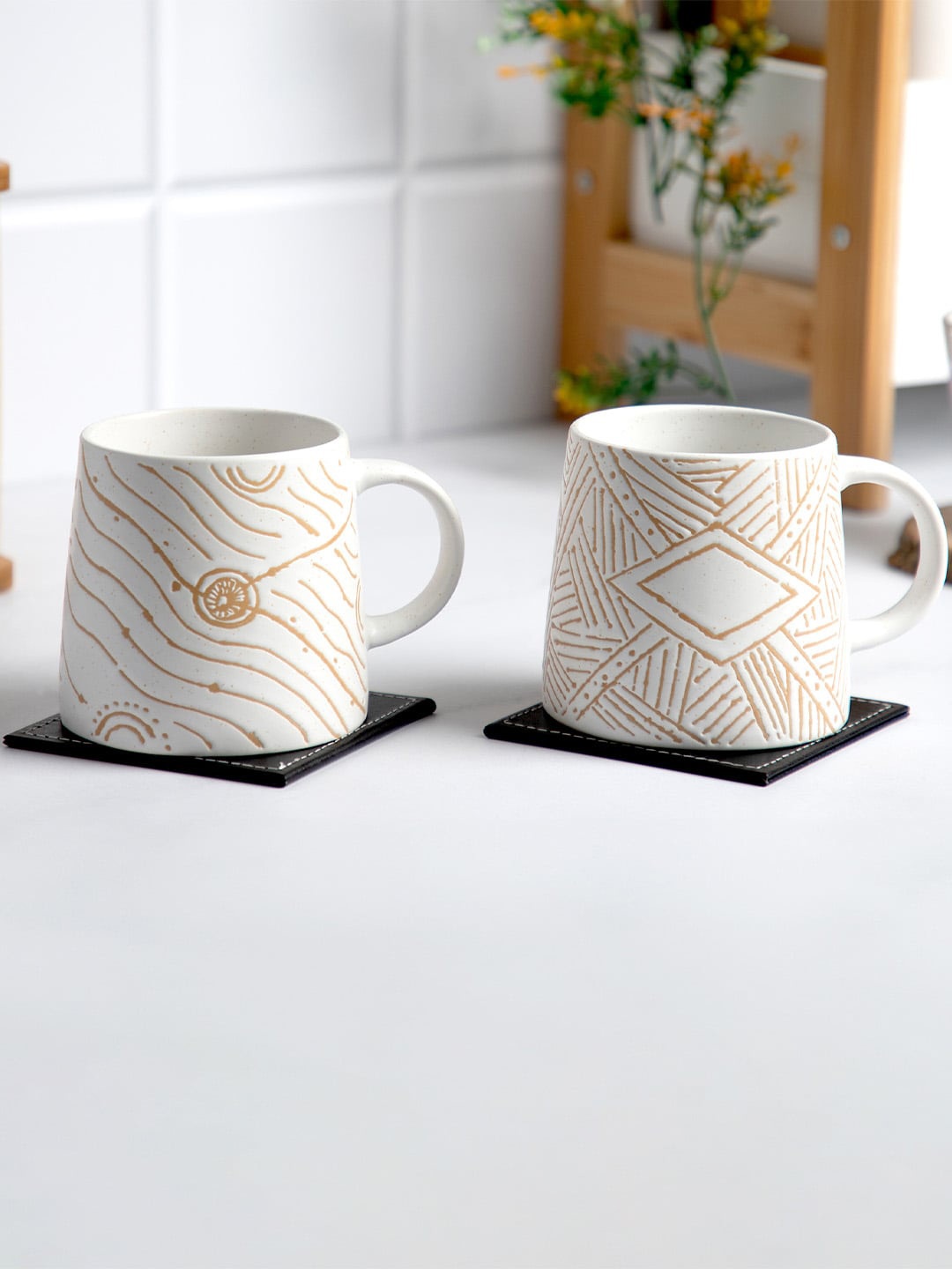 

Anko 2 Pcs White & Beige Printed Ceramic Matte Mugs - 400 ML Each