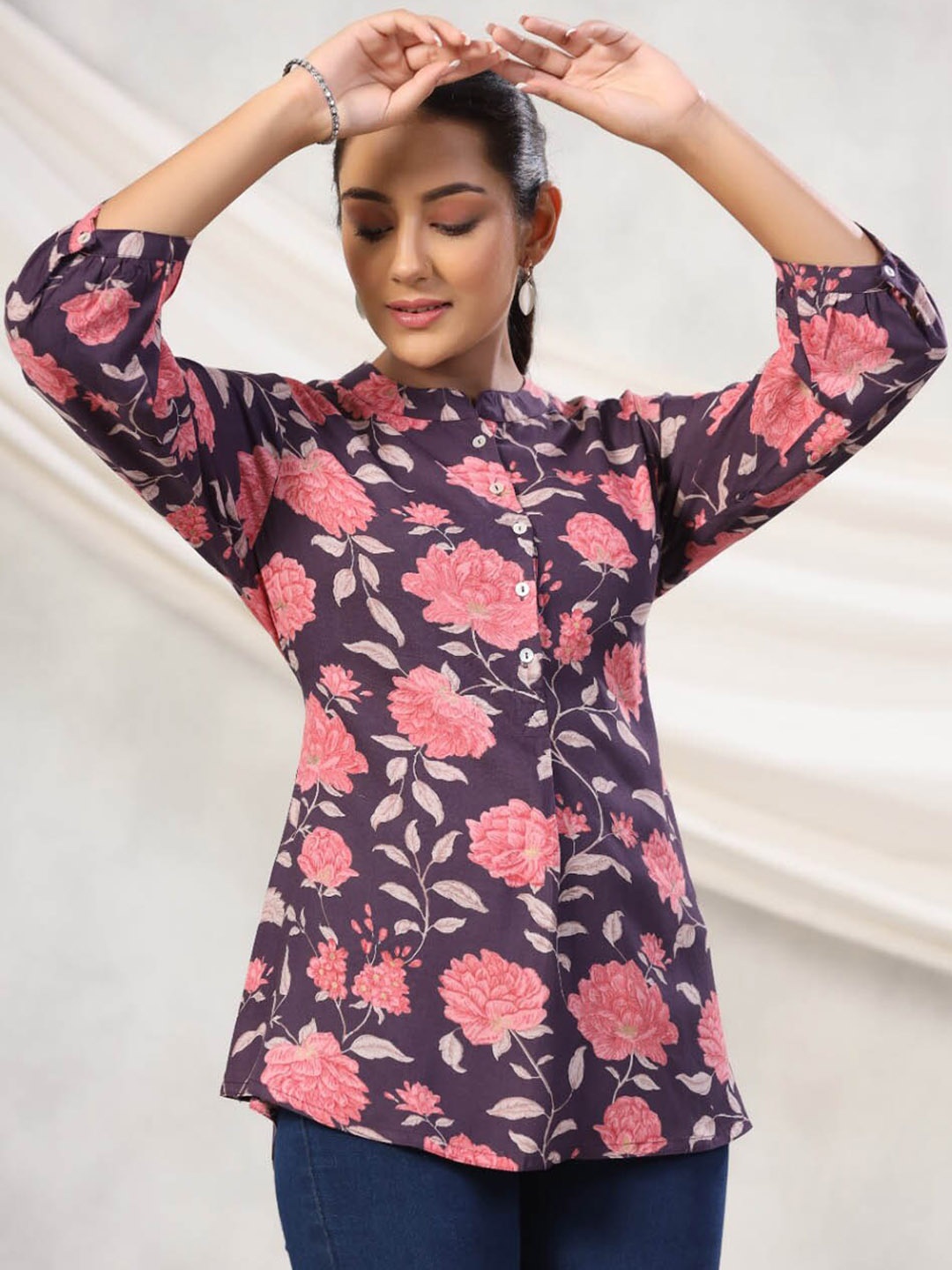 

Meena Bazaar Floral Printed Mandarin Collar Pure Cotton A-Line Kurti, Purple