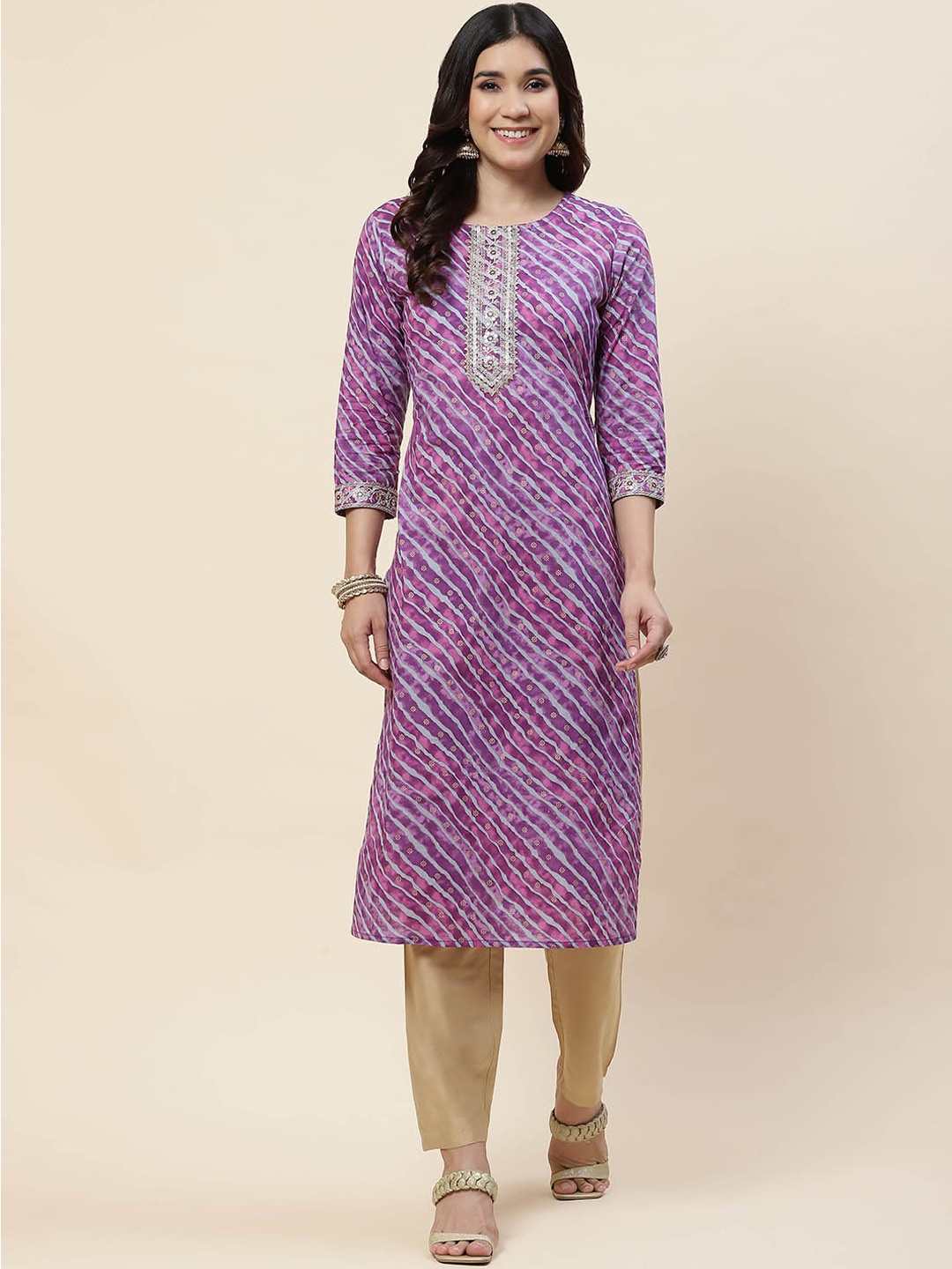 

Meena Bazaar Leheriya Printed Thread Work Straight Kurta, Purple