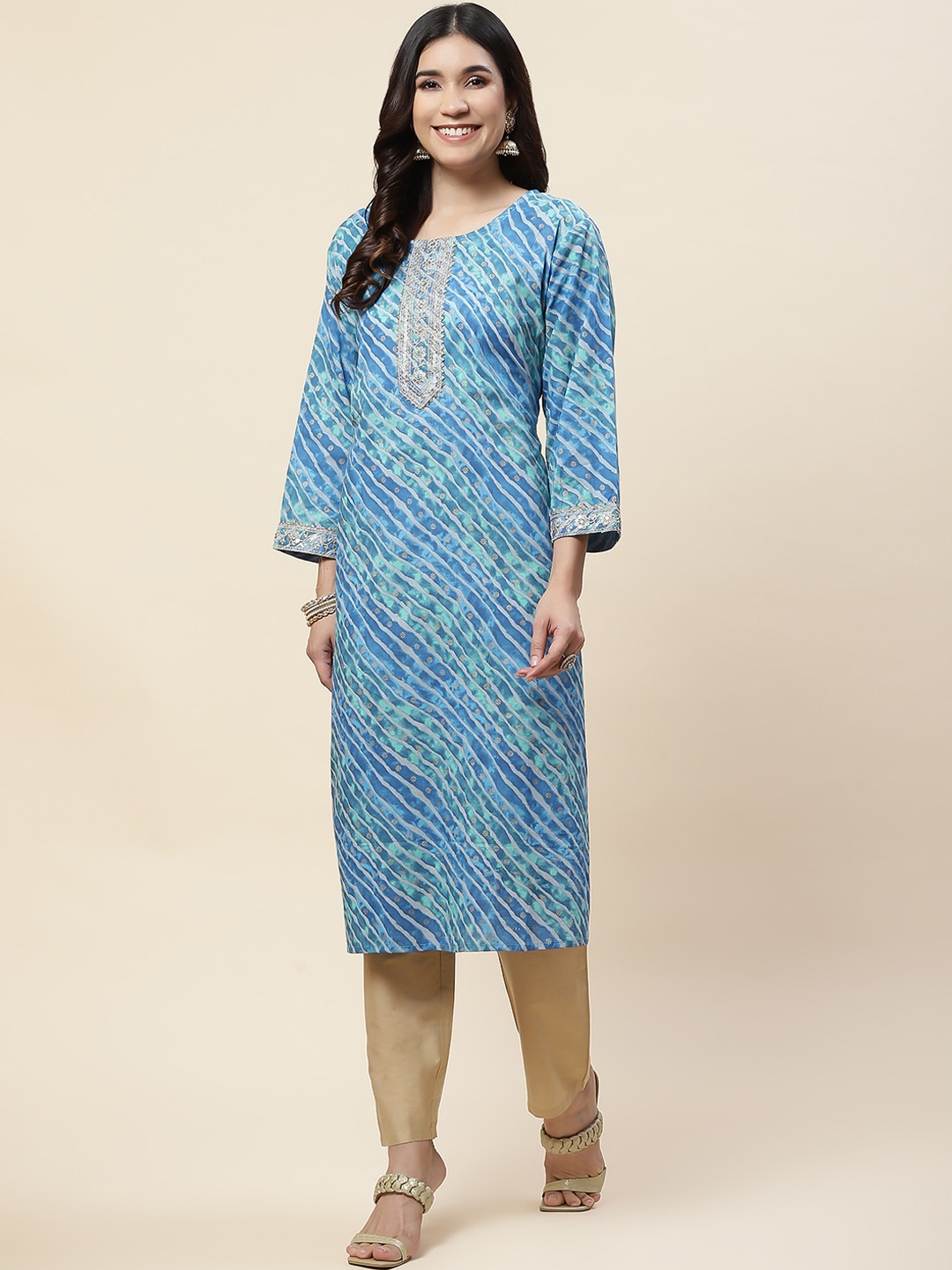 

Meena Bazaar Leheriya Printed Sequinned Regular Cotton Kurta, Blue