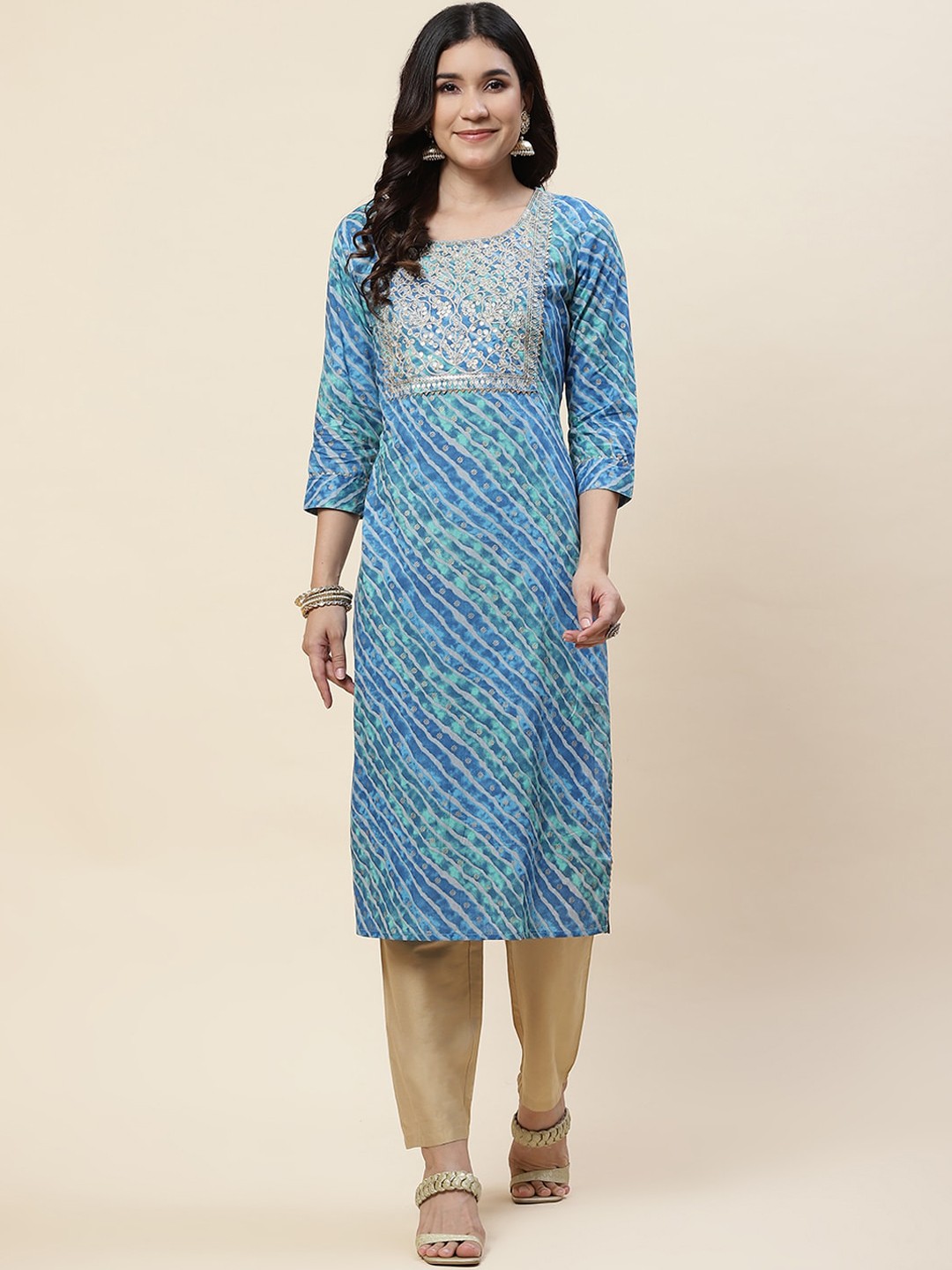 

Meena Bazaar Leheriya Printed Sequinned Regular Cotton Kurta, Blue
