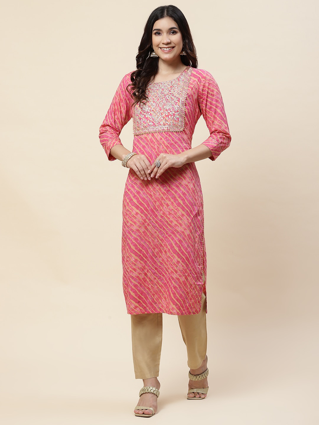 

Meena Bazaar Leheriya Printed Sequinned Regular Cotton Kurta, Pink