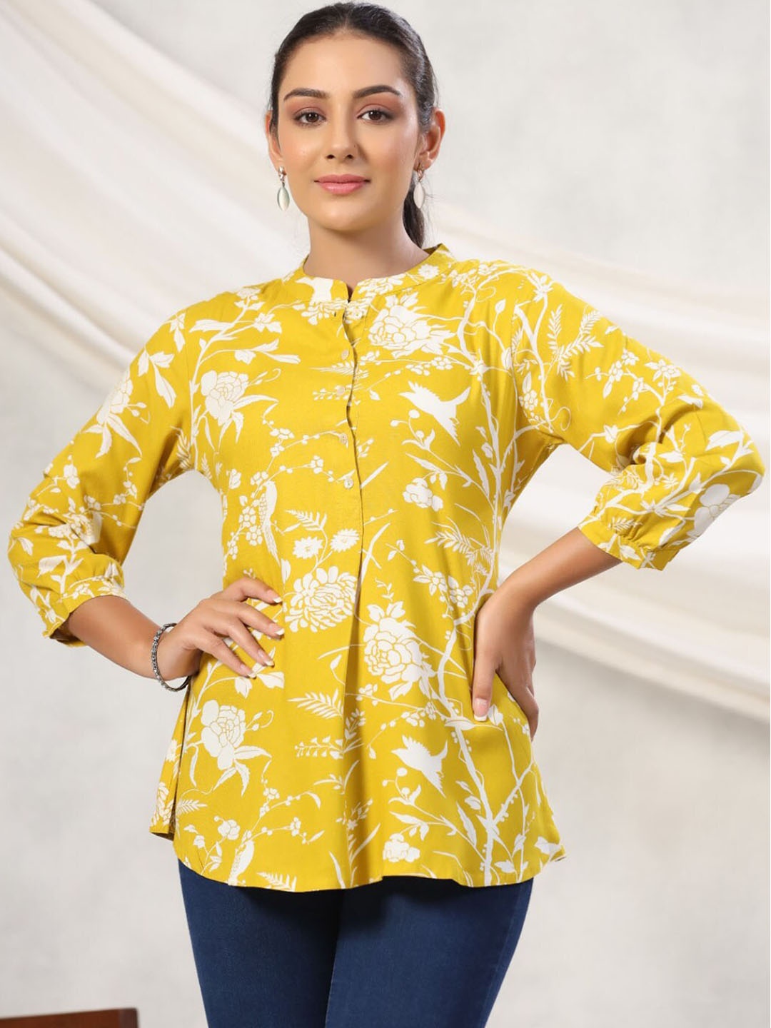 

Meena Bazaar Floral Printed Mandarin Collar Pure Cotton A-Line Kurti, Mustard