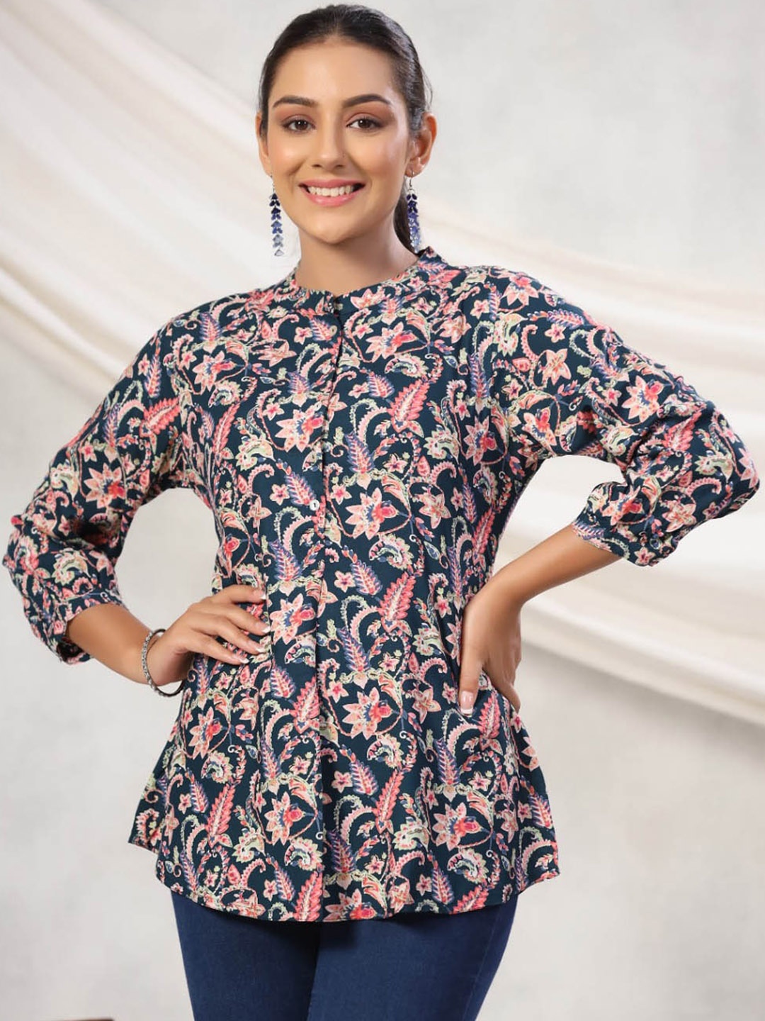 

Meena Bazaar Floral Printed Mandarin Collar Cotton Tunic, Navy blue