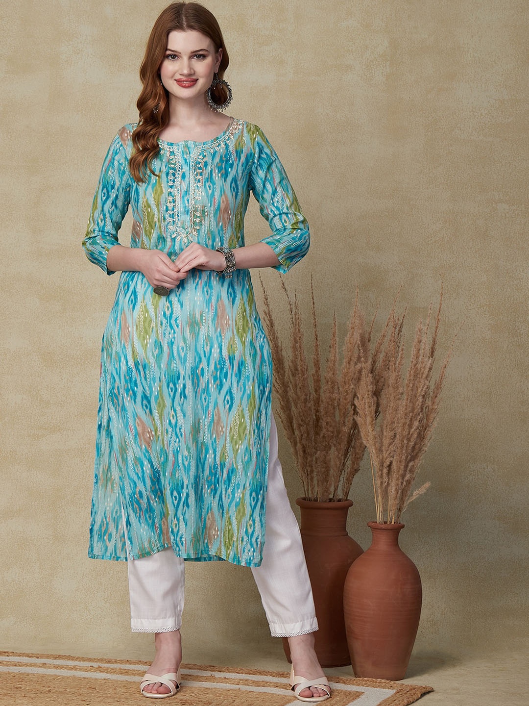 

FASHOR Blue Ethnic Motif Printed Thread Work Pure Cotton Straight Kurta With Trousers