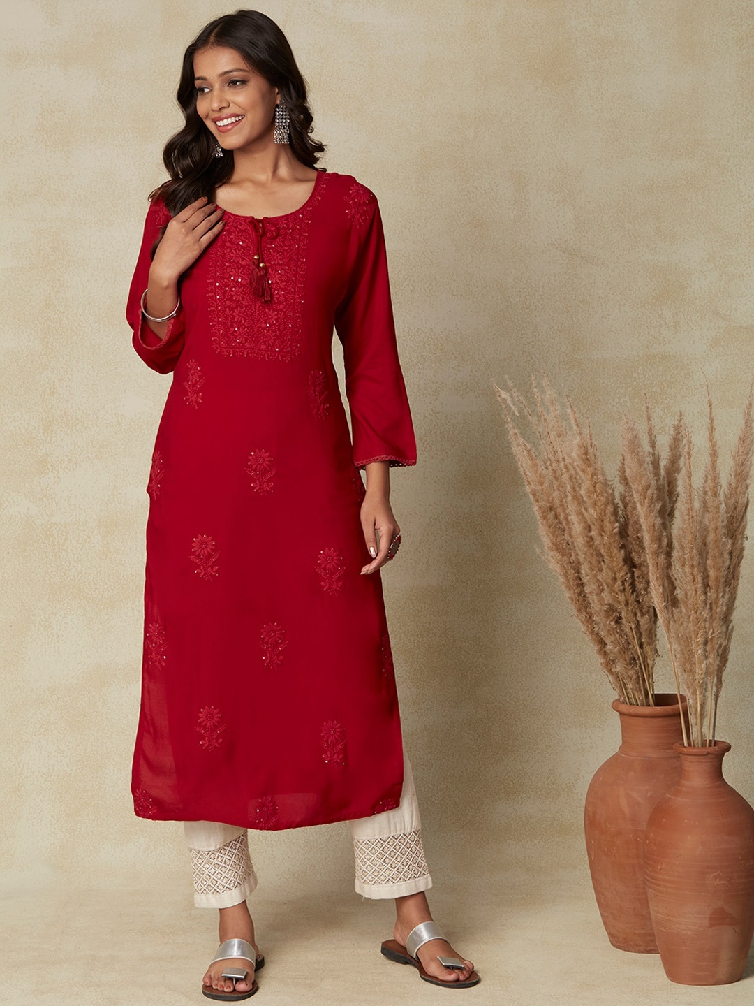 

FASHOR Maroon Ethnic Motifs Embroidered Sequinned A-line Kurta