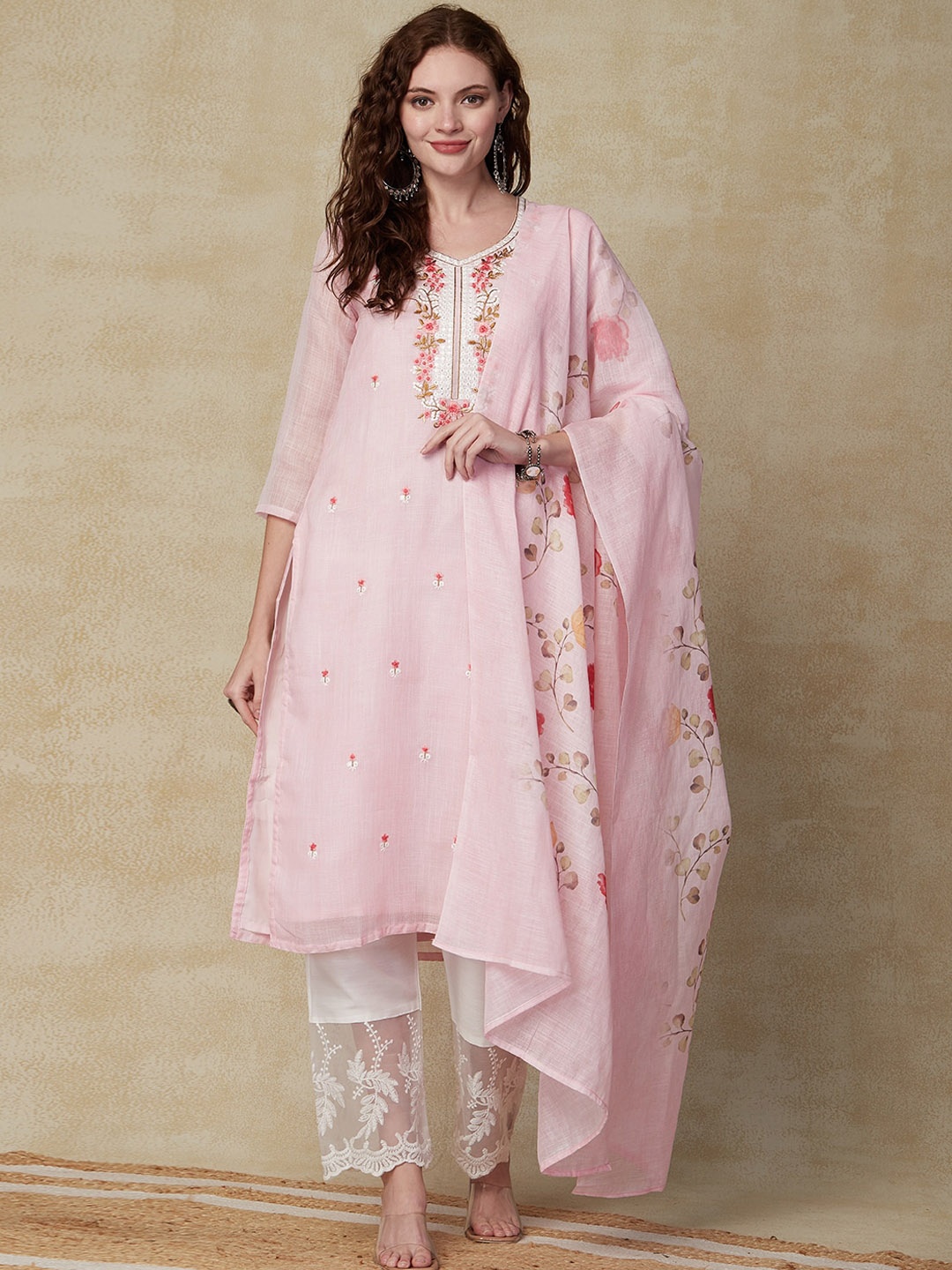 

FASHOR Pink Floral Embroidered A-line Kurta With Dupatta