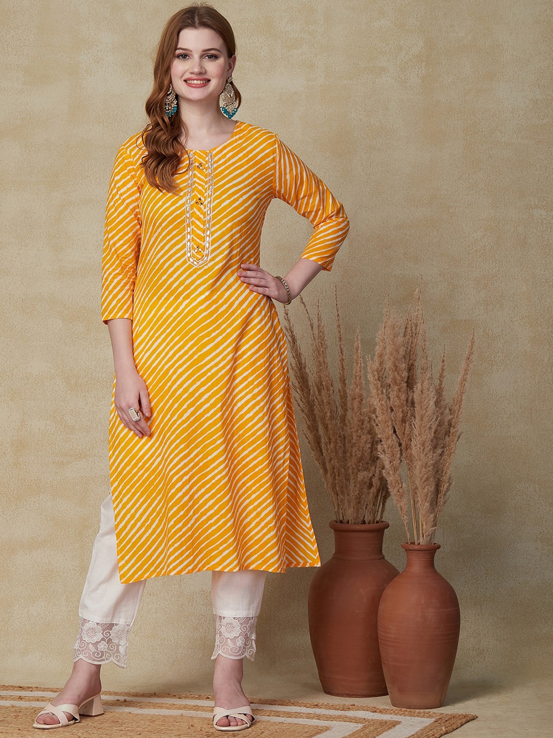 

FASHOR Mustard Leheriya Printed Gotta Patti A-Line Pure Cotton Kurta