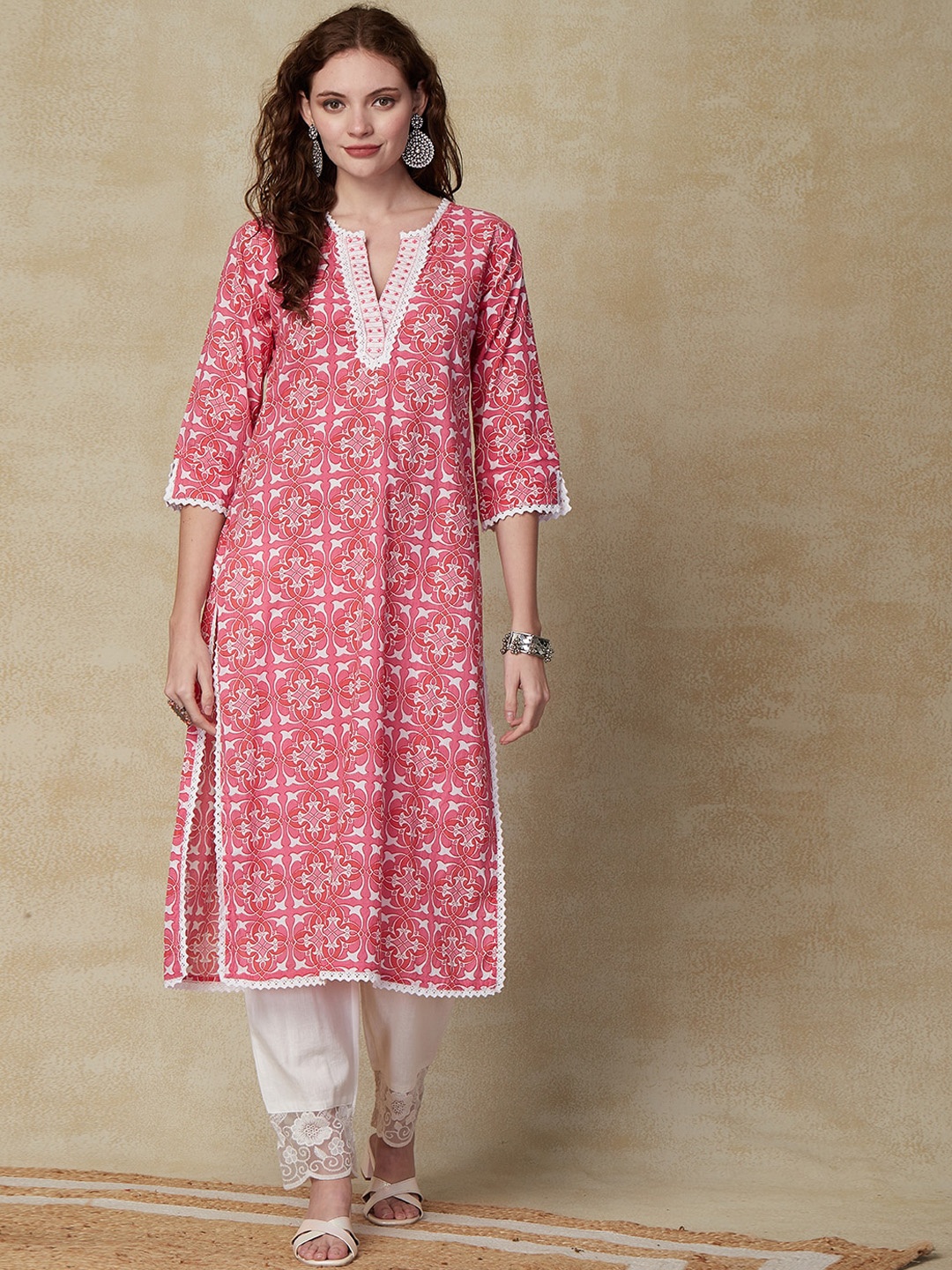 

FASHOR Ethnic Motifs Printed Pure Cotton Straight Kurta, Pink
