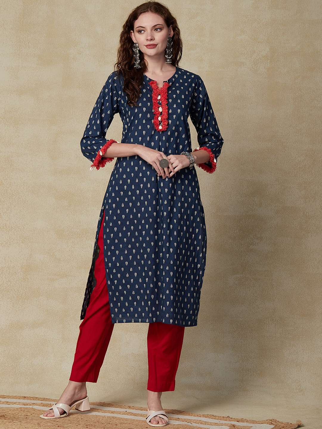 

FASHOR Navy Blue Abstract Printed A-line Kurta With Tassels