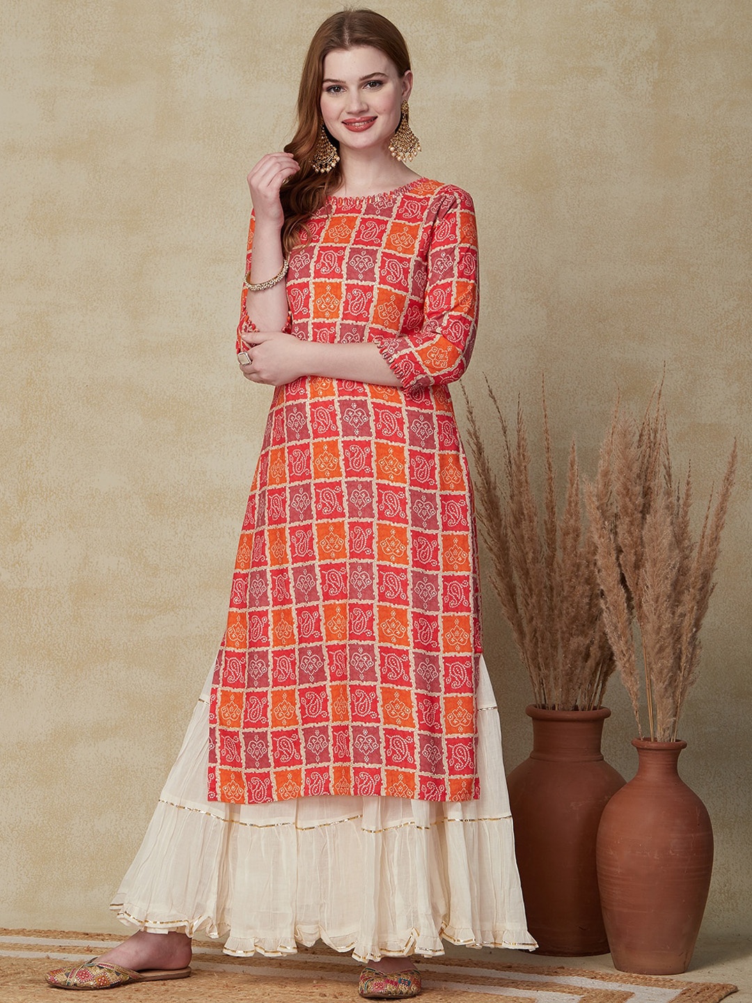 

FASHOR Bandhani Printed A-Line Kurta, Orange