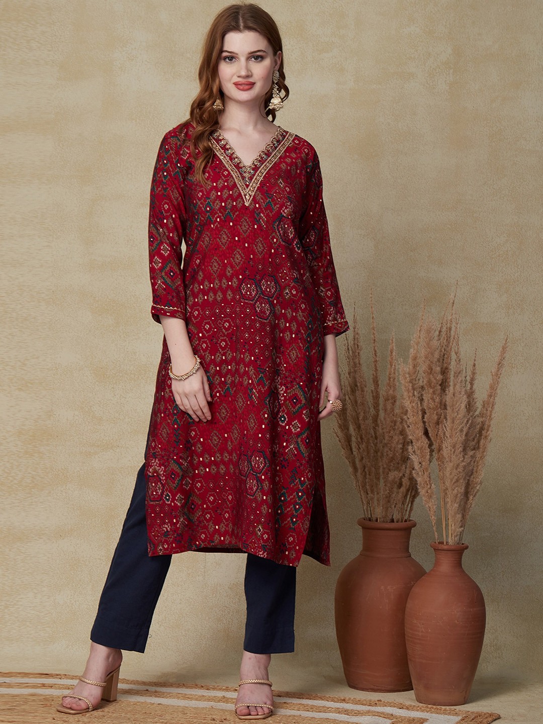 

FASHOR Red Ethnic Motifs Printed Thread Work V-Neck A-line Kurta