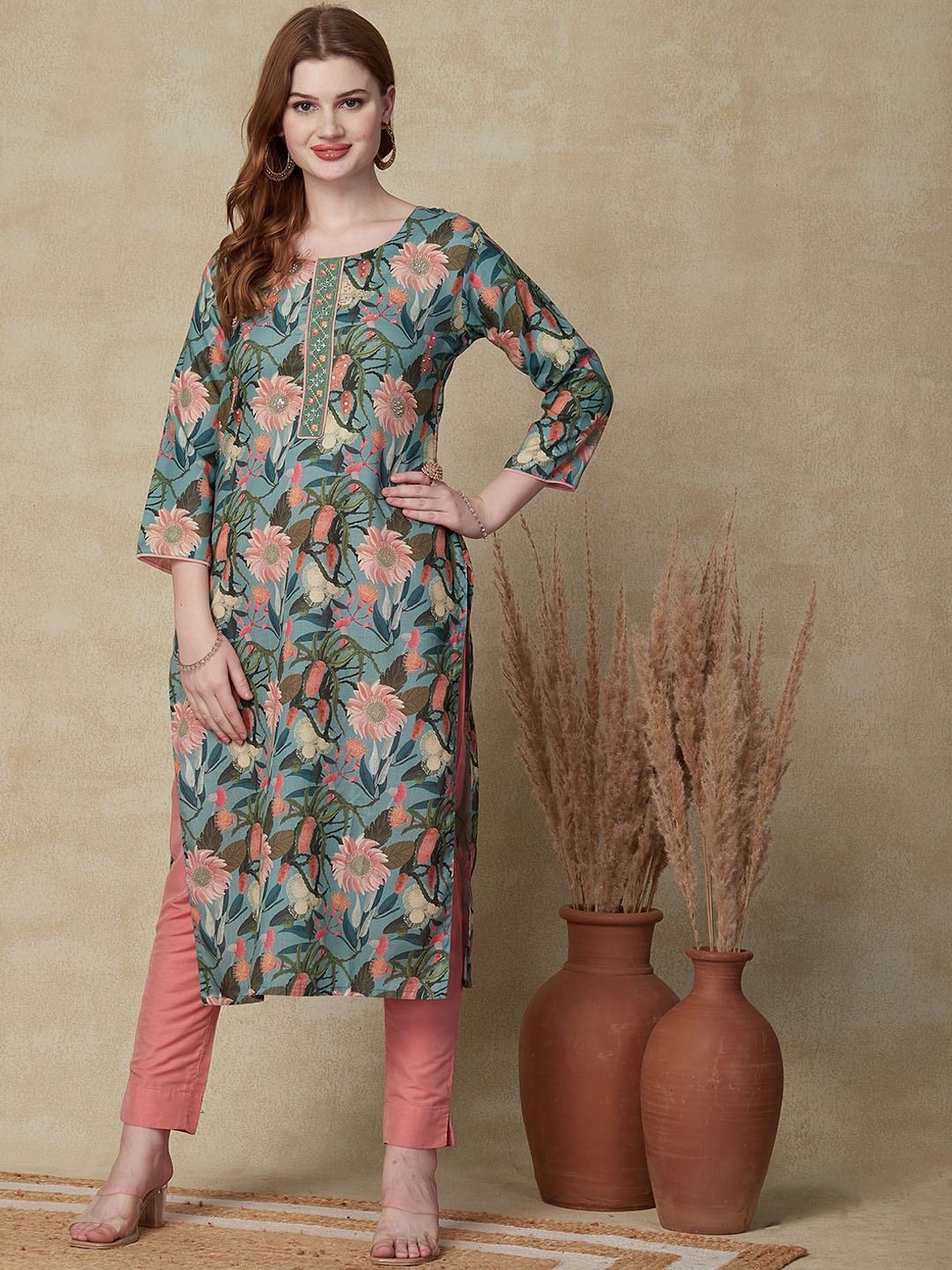 

FASHOR Green Floral Printed Mirror Work A-line Kurta