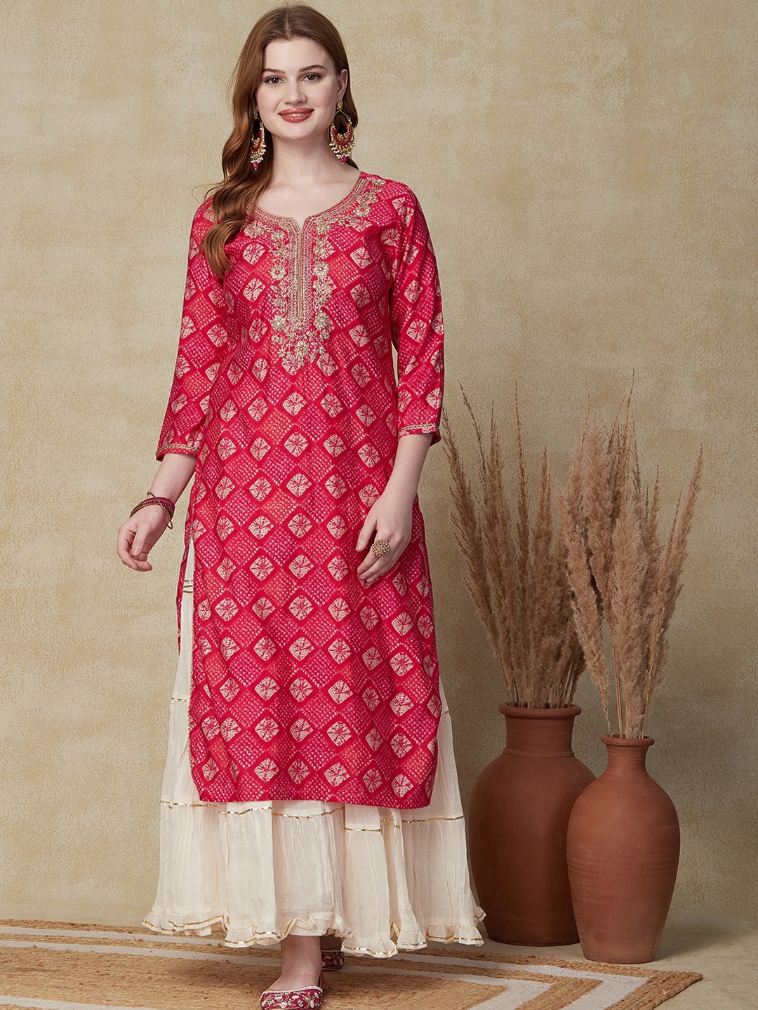 FASHOR Geometric Printed Straight Kurta, Red