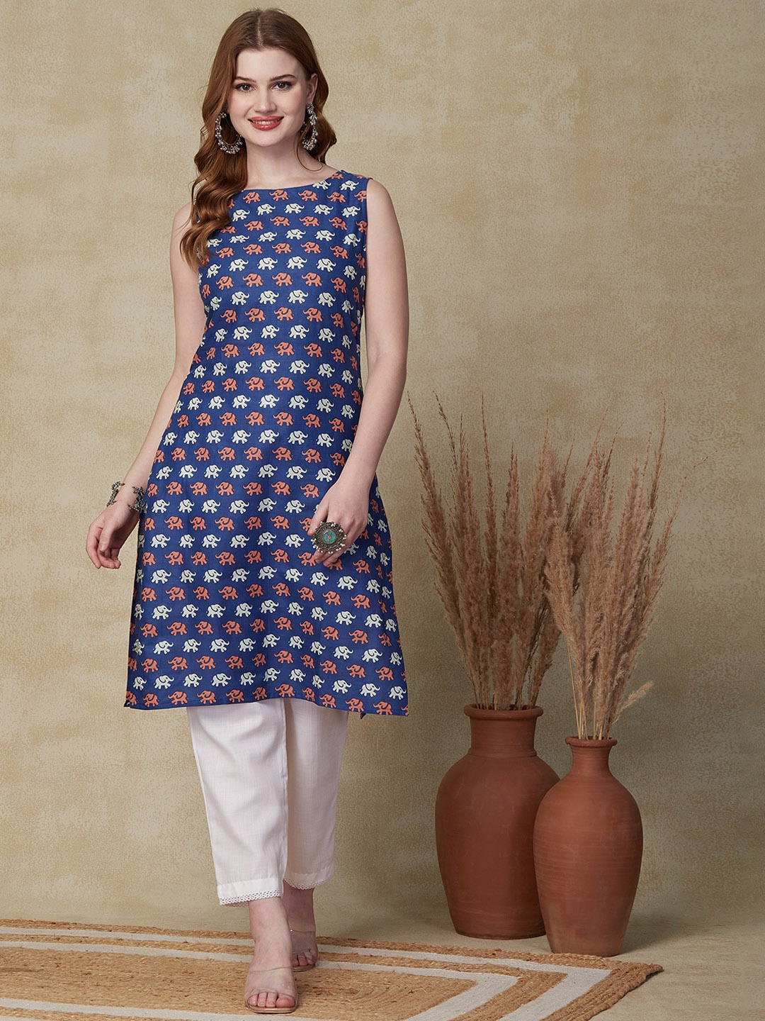 

FASHOR Ethnic Motifs Printed Pure Cotton Straight Kurta, Blue