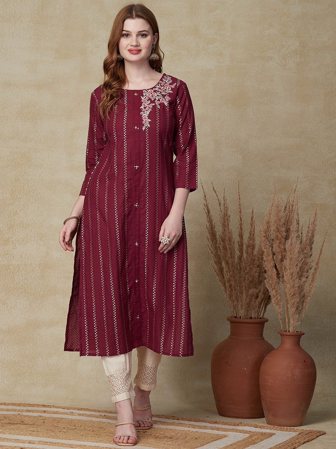 

FASHOR Maroon Striped Thread Work Pure Cotton A-line Kurta