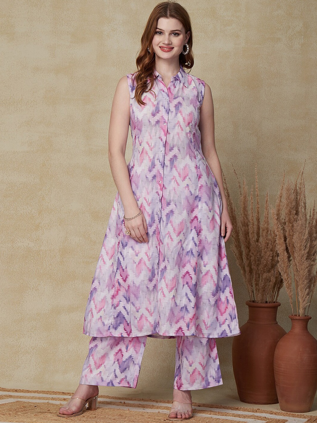 

FASHOR Women Purple Animal Printed Panelled Linen Kurta with Palazzos