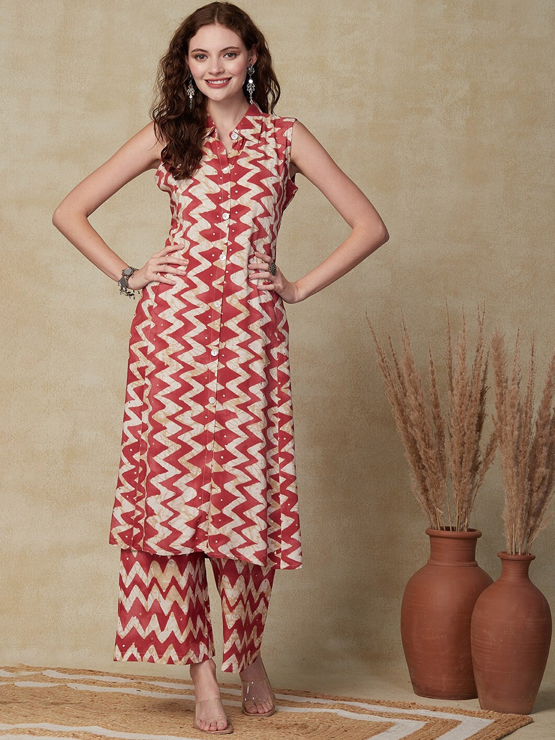 

FASHOR Women Cream-Coloured Printed Regular Kurta with Trousers