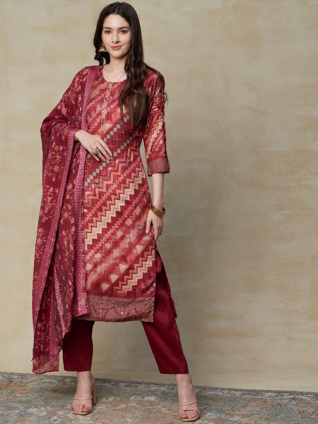

FASHOR Women Maroon Printed Regular Mirror Work Kurta with Trousers & With Dupatta