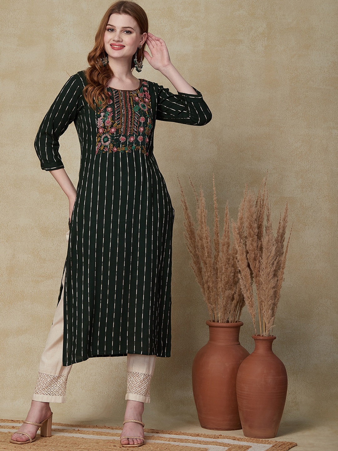 

FASHOR Green Striped Thread Work A-line Kurta