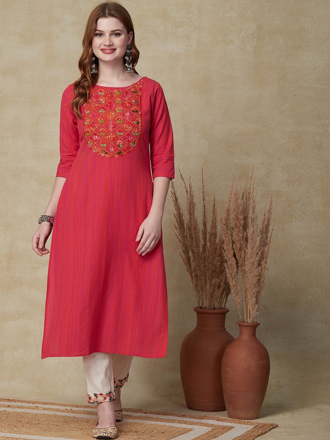 

FASHOR Coral Floral Embroidered A-line Pure Cotton Kurta