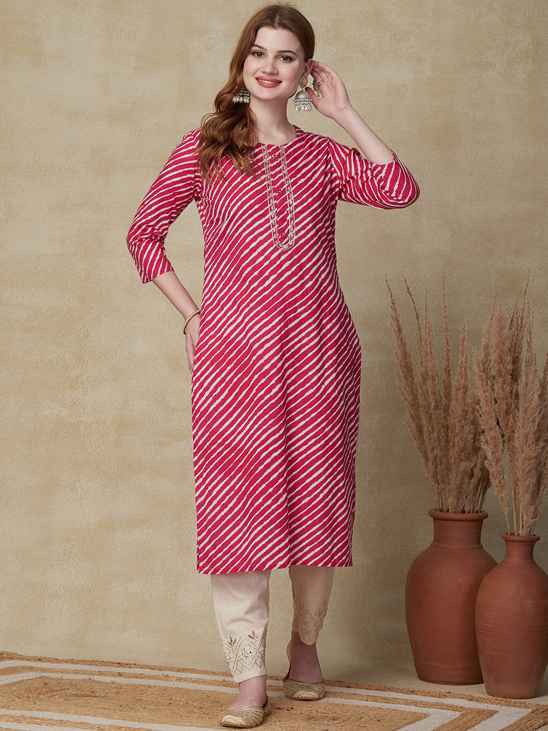 

FASHOR Pink Leheriya Printed Pure Cotton Mirror Work A-line Kurta