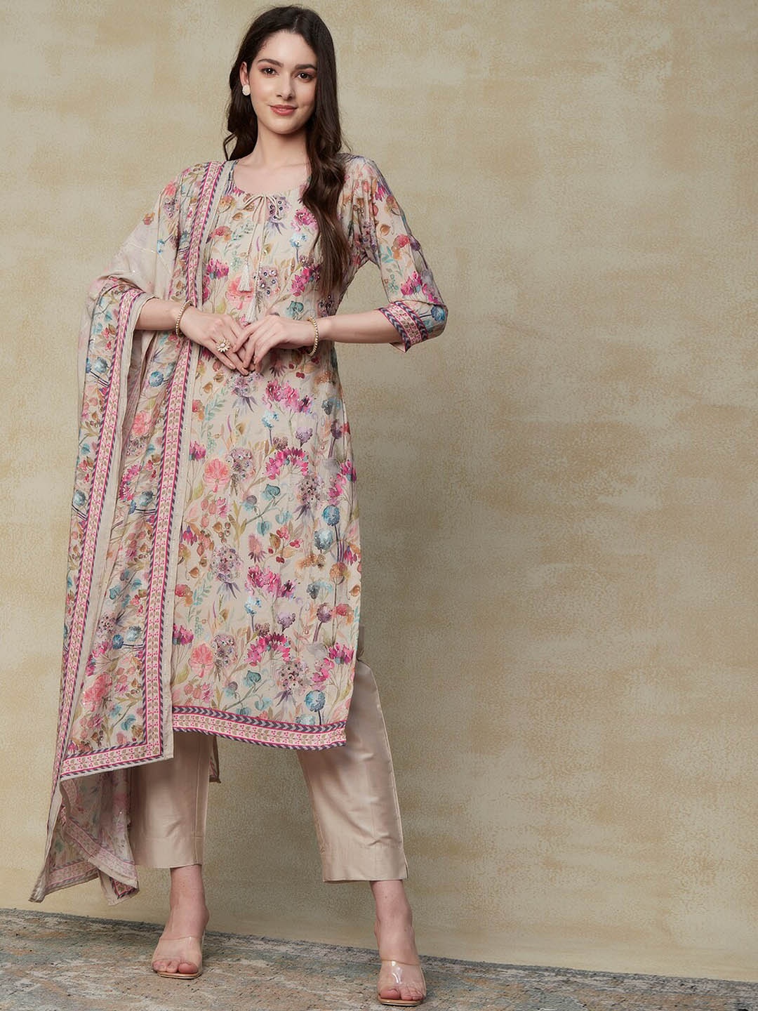 

FASHOR Women Taupe Floral Printed Regular Sequinned Kurta with Trousers & With Dupatta