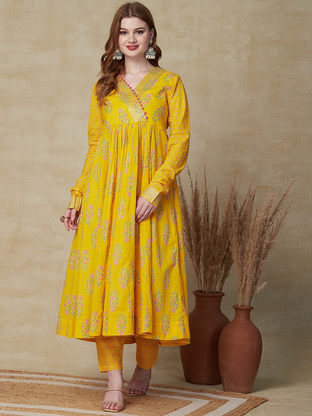 

FASHOR Women Yellow Floral Printed Angrakha Pure Cotton Kurta with Trousers