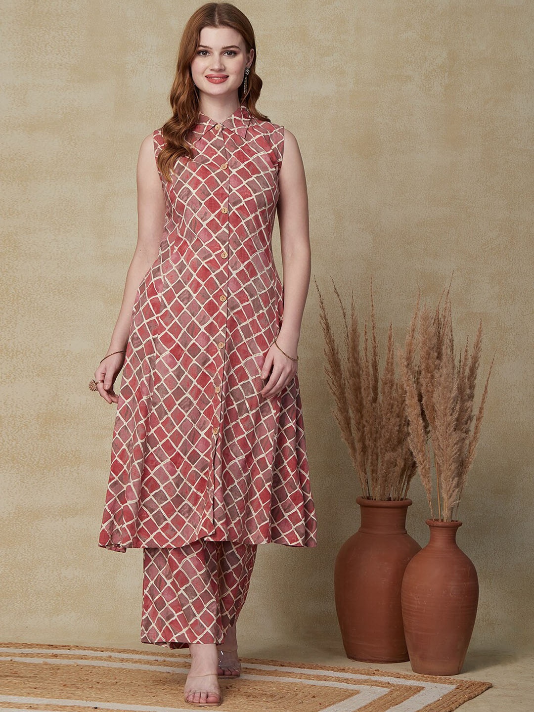 

FASHOR Mauve Checked A-Line Kurta with Palazzos