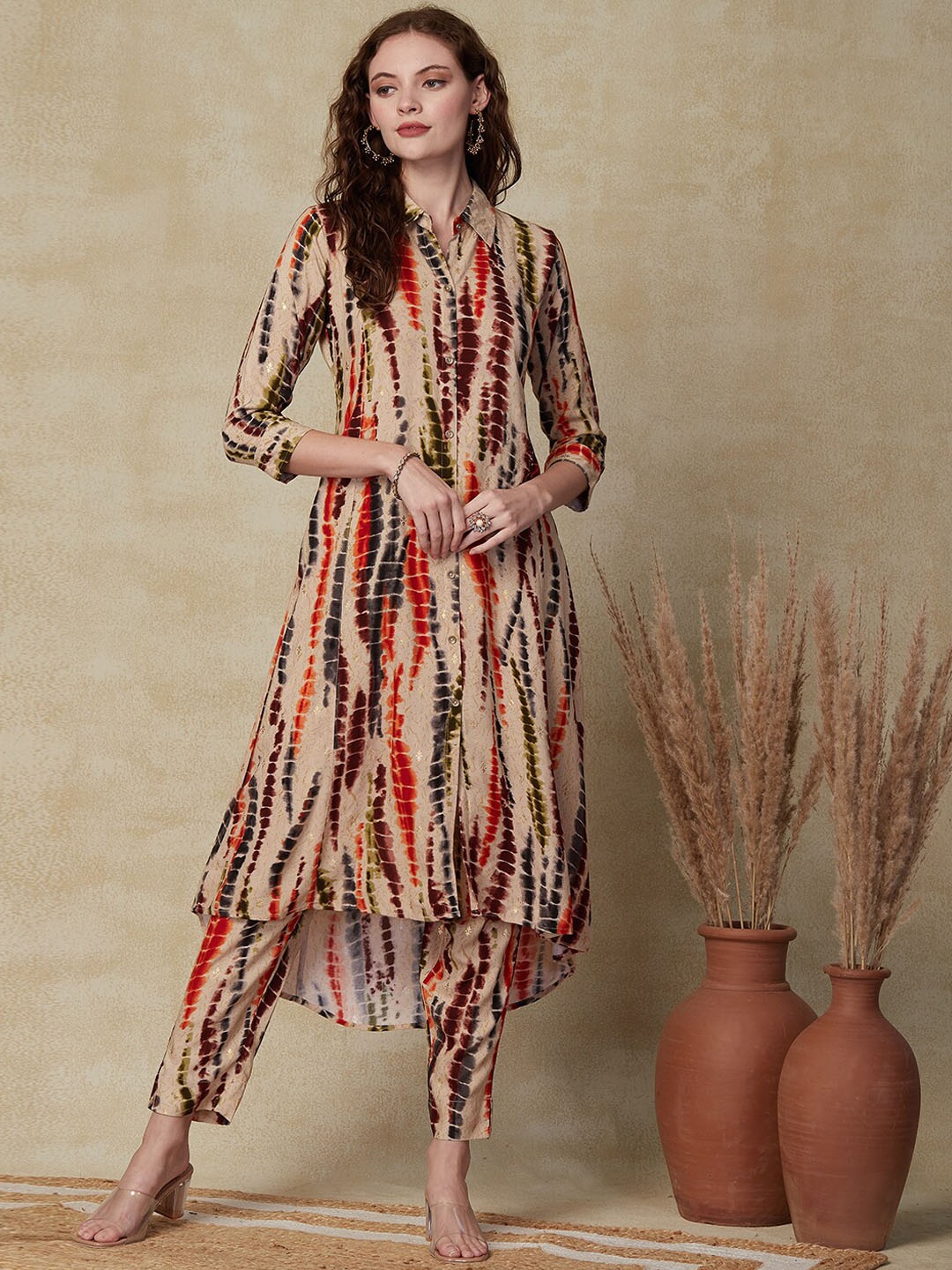 

FASHOR Women Beige Printed Panelled Kurta with Trousers