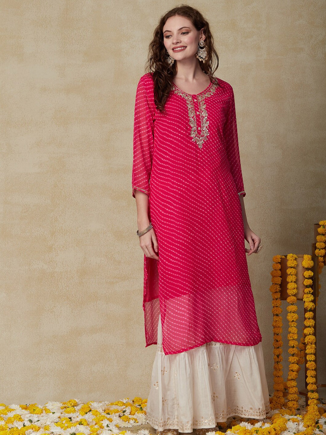 

FASHOR Leheriya Printed Straight Kurta, Pink