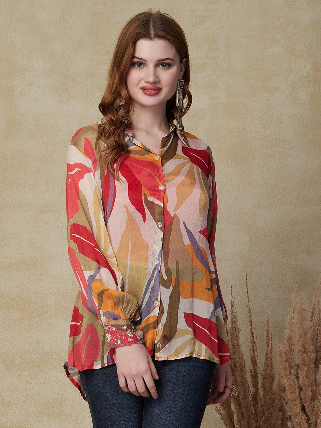 

FASHOR Red Floral Printed High Low Shirt Collar Kurti