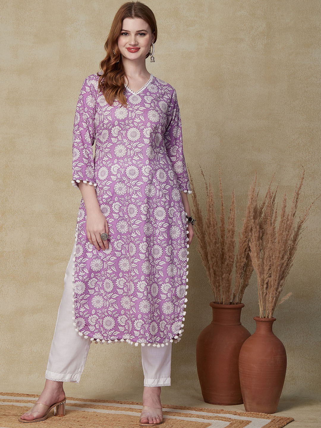 

FASHOR Lavender Floral Printed V-Neck Thread Work Pure Cotton A-line Kurta