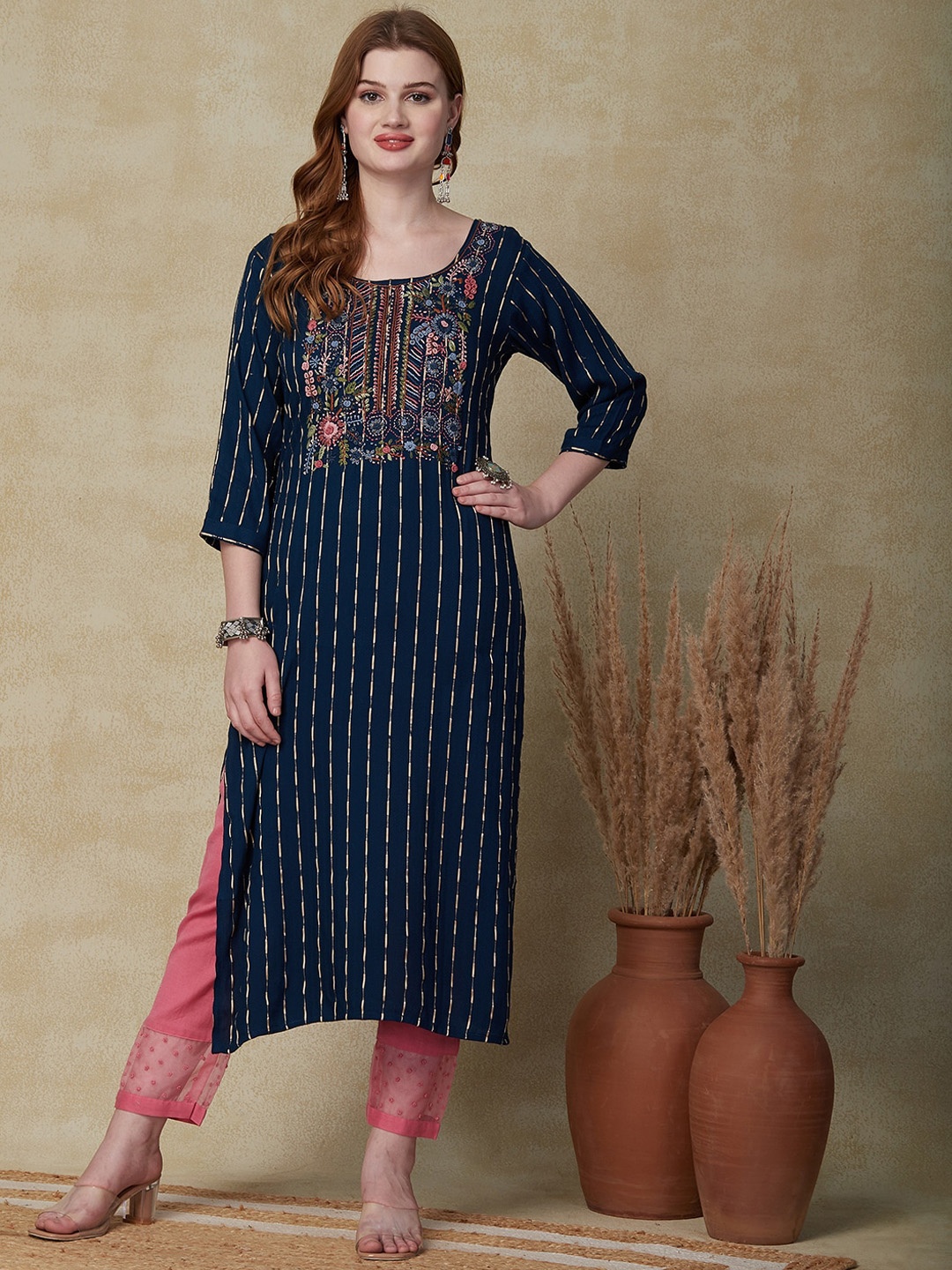 

FASHOR Navy Blue Striped Thread Work A-line Kurta