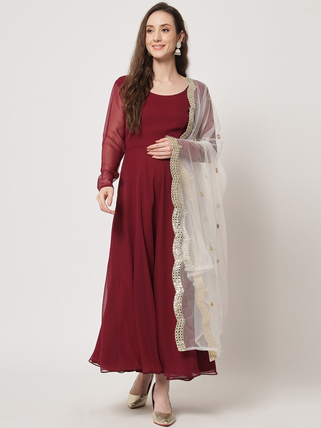 

BLACK SCISSOR Round Neck Georgette Maxi Gown With Embellished Dupatta, Maroon