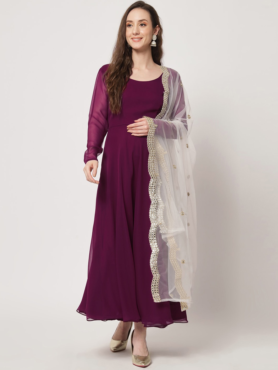 

BLACK SCISSOR Georgette Fit & Flared Ethnic Dress With Dupatta, Purple