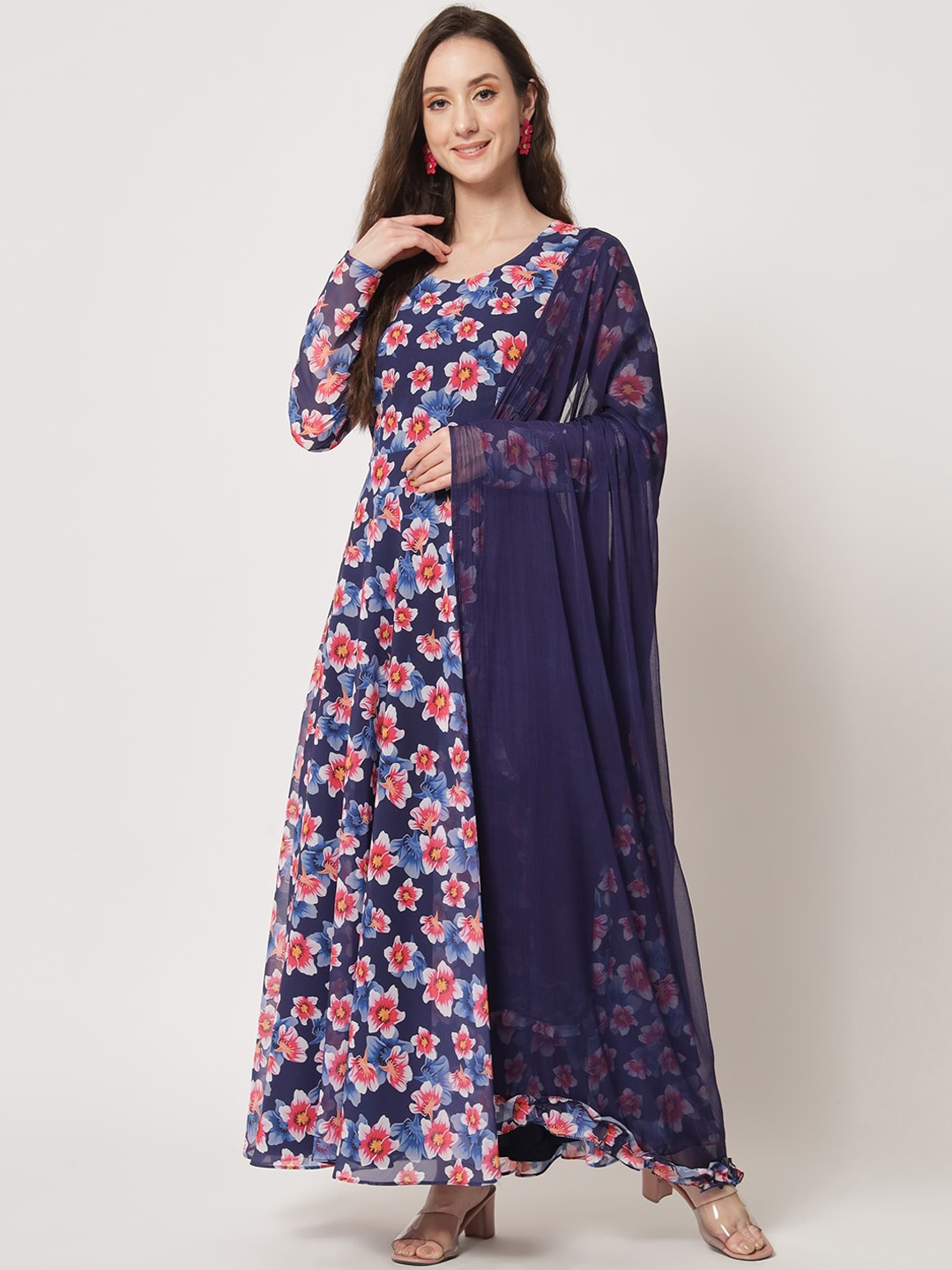 

BLACK SCISSOR Floral Printed Georgette Fit & Flared Ethnic Dress With Dupatta, Navy blue