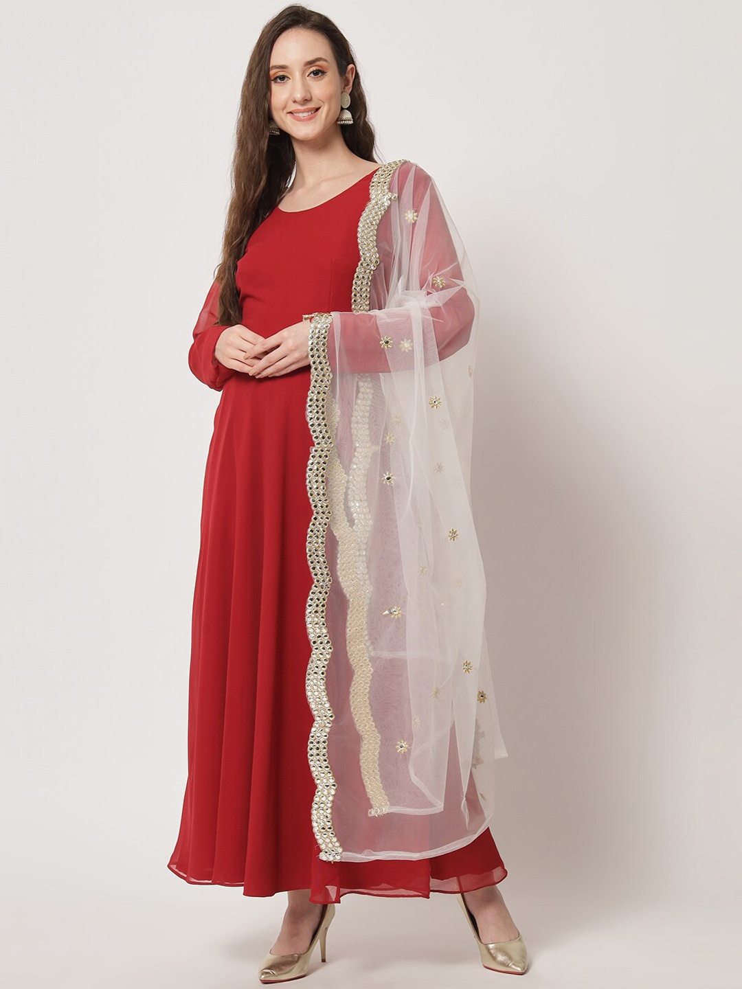 

BLACK SCISSOR Embellished Georgette Maxi Ethnic Dress With Dupatta, Red