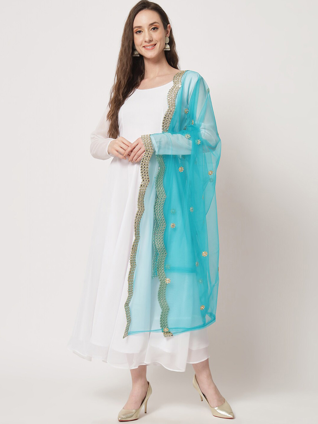 

BLACK SCISSOR Fit & Flare Maxi Ethnic Dress With Embellished Dupatta, White